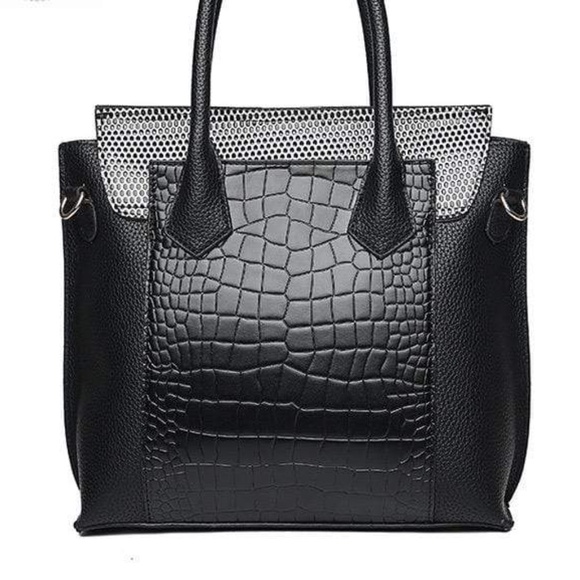 Womens Vegan Black Leather Textured Print Handbag with Added Strap - Picture 8 of 10